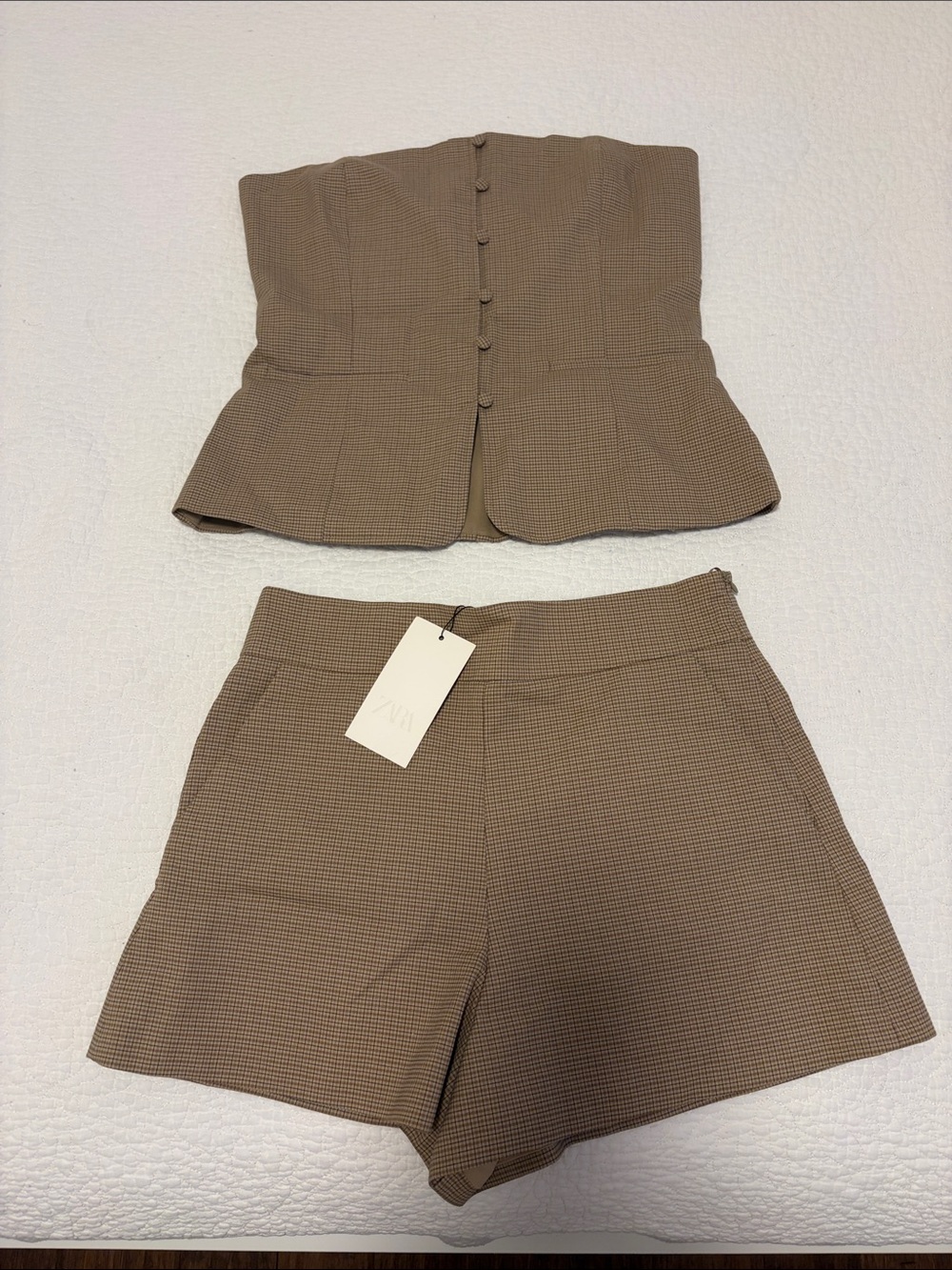 Zara Taupe-Brown Set Strapless Button-Up Top and Tailored High-Waist Shorts NWT